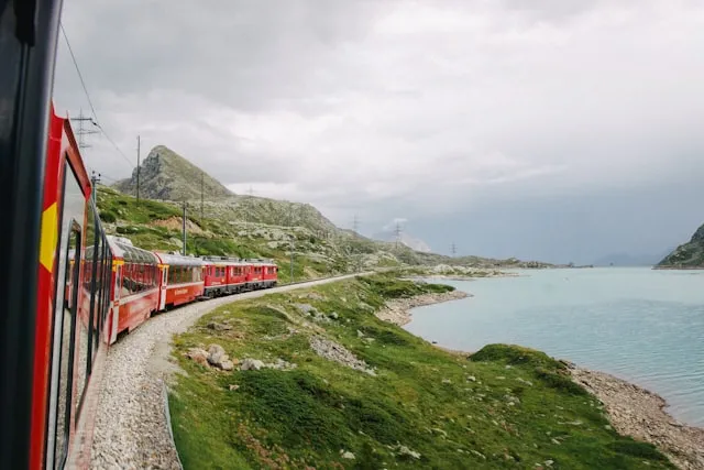 Train along a European alpine lake